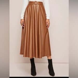 Brown Leather Women's Midi Skirt